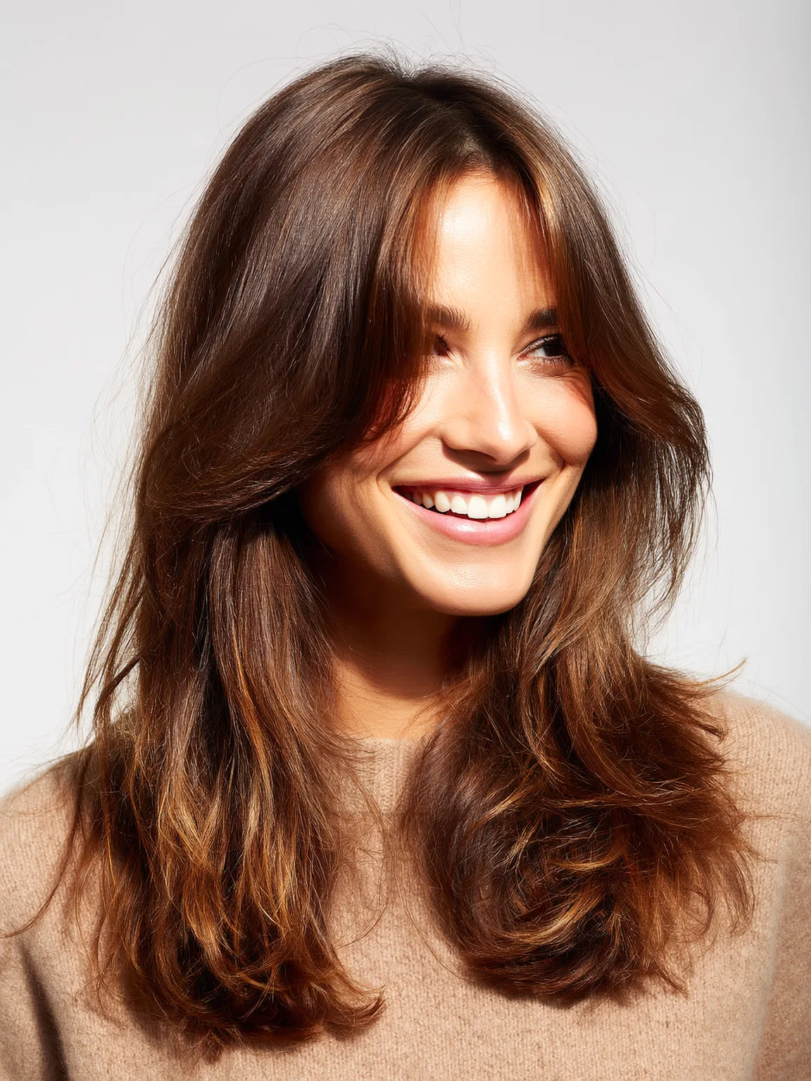 Medium-Length Warm Caramel Brown Layered Cut with Curtain Bangs